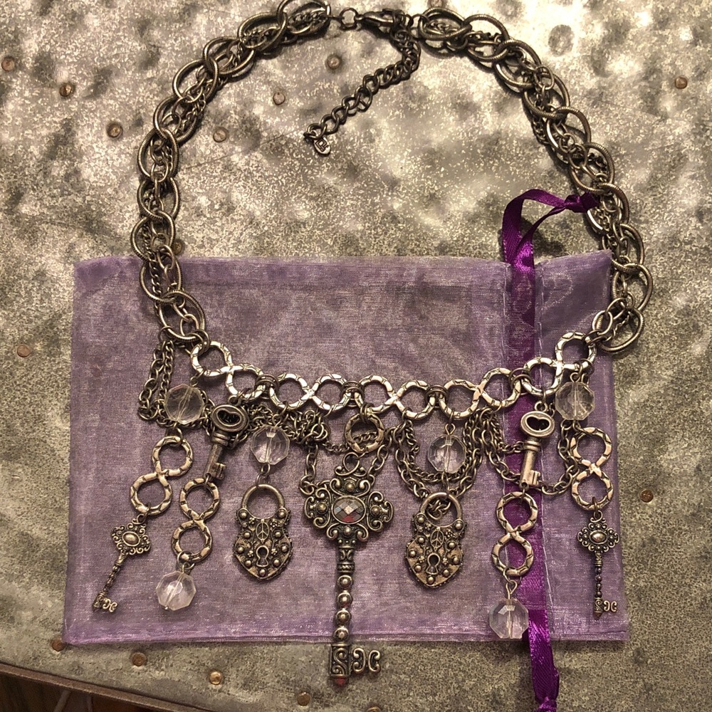Vintage-Inspired Silver Lock and Key & Charm Statement Necklace